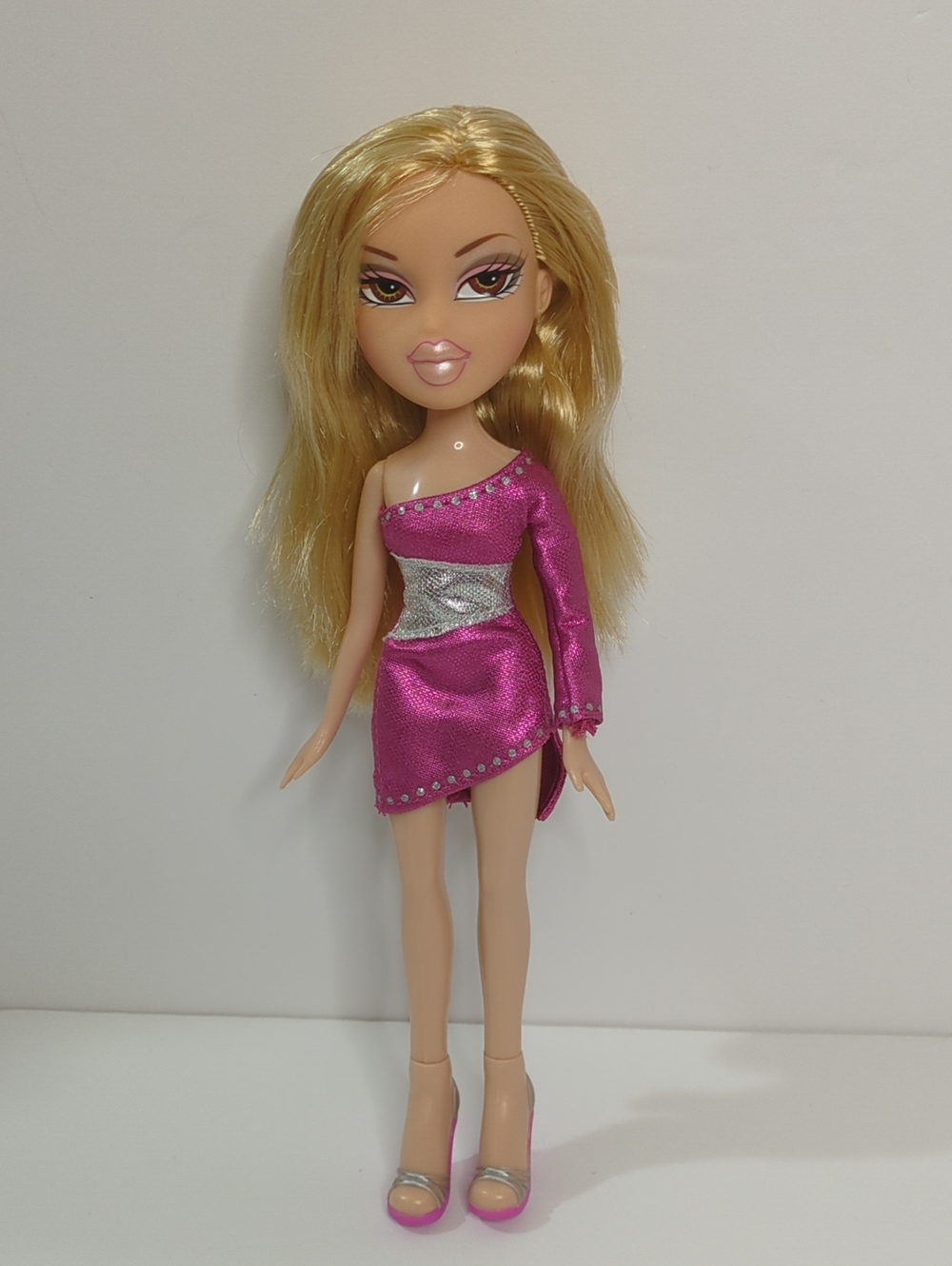 Bratz-Style Blonde Doll in Sparkling Hot Pink One-Shoulder Dress